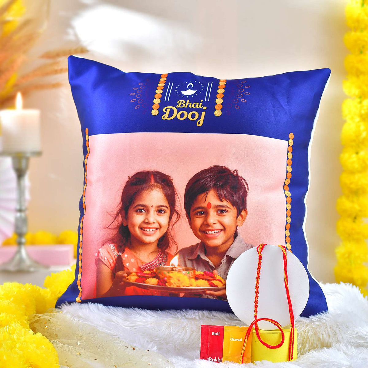 Personalized Bhaidooj Photo Cushion with Kalava