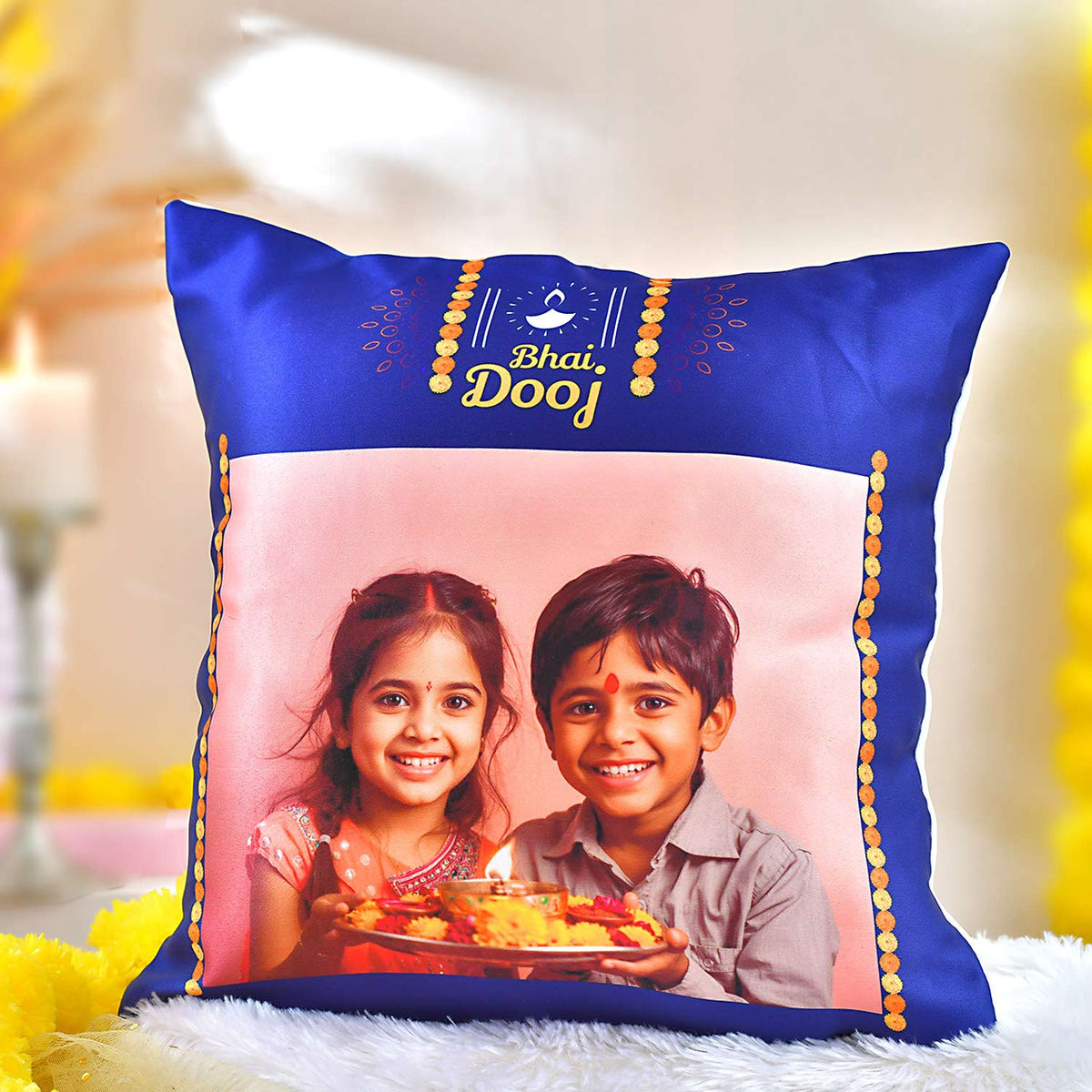 Personalized Bhaidooj Photo Cushion with Kalava