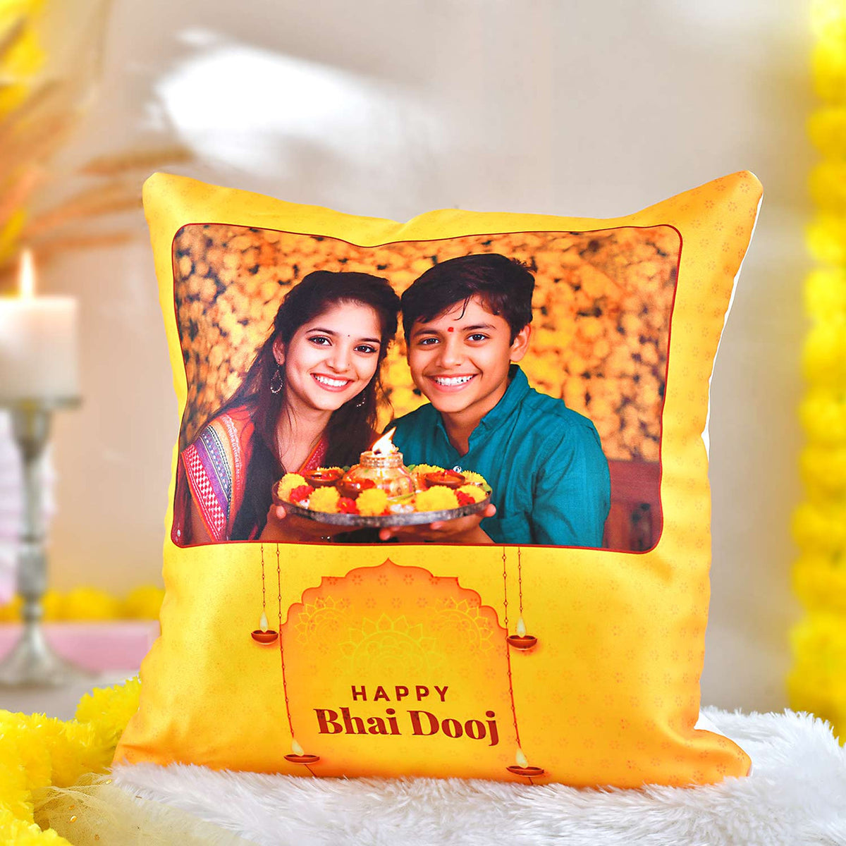 Personalized Bhaidooj Photo Cushion with Dhaaga