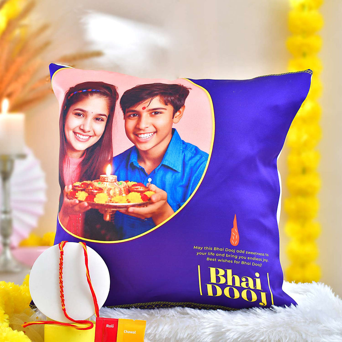 Personalized Bhaidooj Photo Cushion with Dhaga