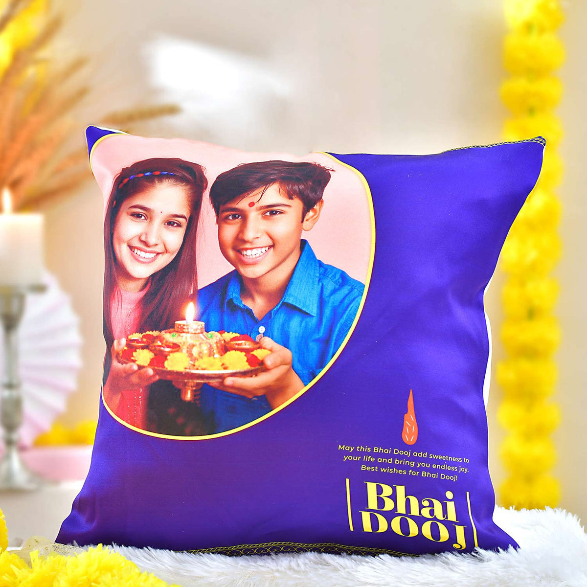 Personalized Bhaidooj Photo Cushion with Dhaga