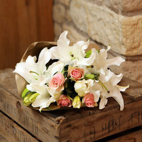 Warm White Lily and Pale Pink Roses