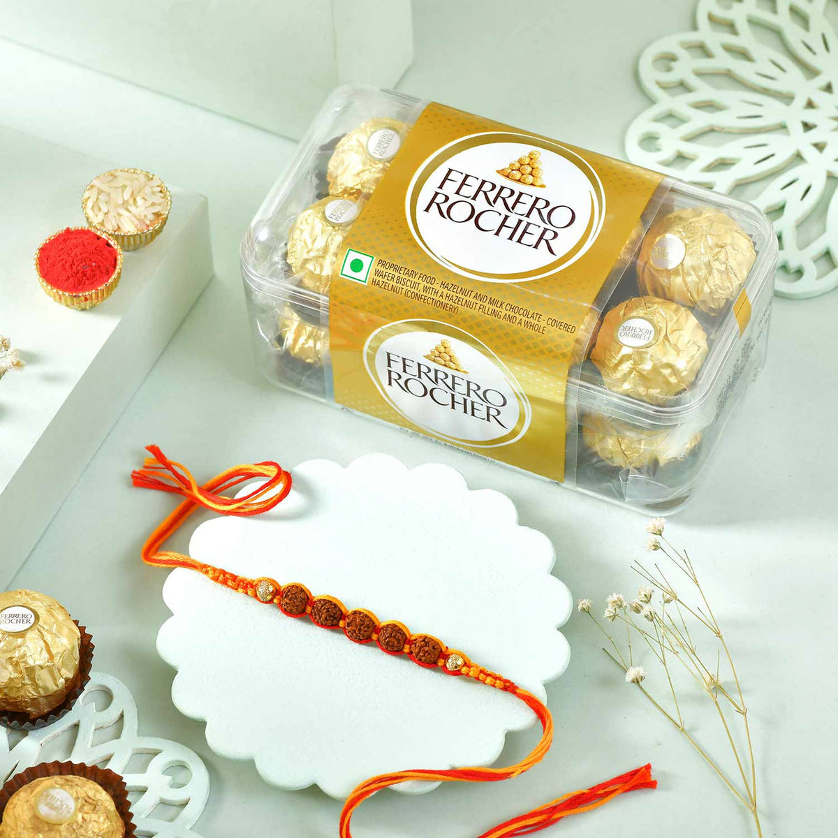 Five Rudraksha Rakhi With Ferrero Rocher