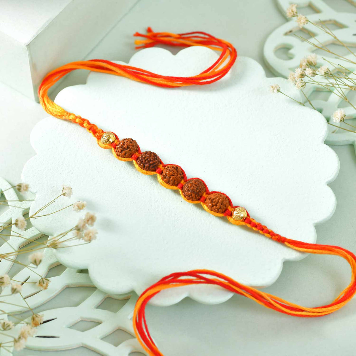 Five Rudraksha Rakhi With Ferrero Rocher