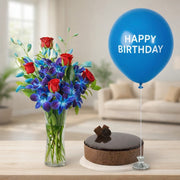 Scarlet Roses, Belgian Chocolate Mud Cake & Balloon