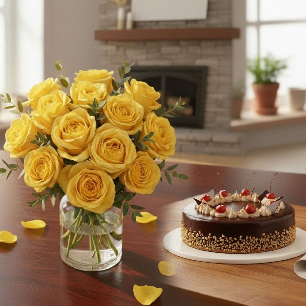 Golden Cymbidium & Yellow Roses Bouquet with Mississippi Baked Cake