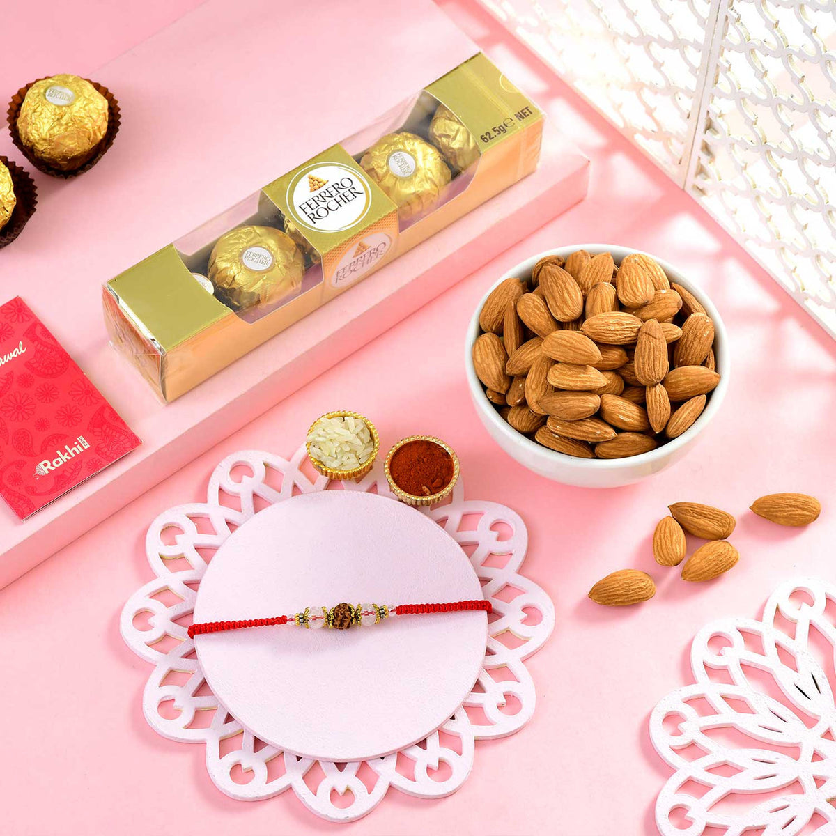 Single Rudraksha Rakhi With Almond & Ferrero Rocher