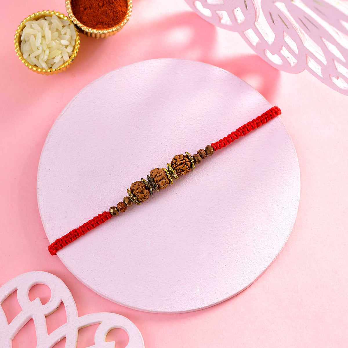 Premium Rudraksha Rakhi with 5 Pcs Ferrero Rocher