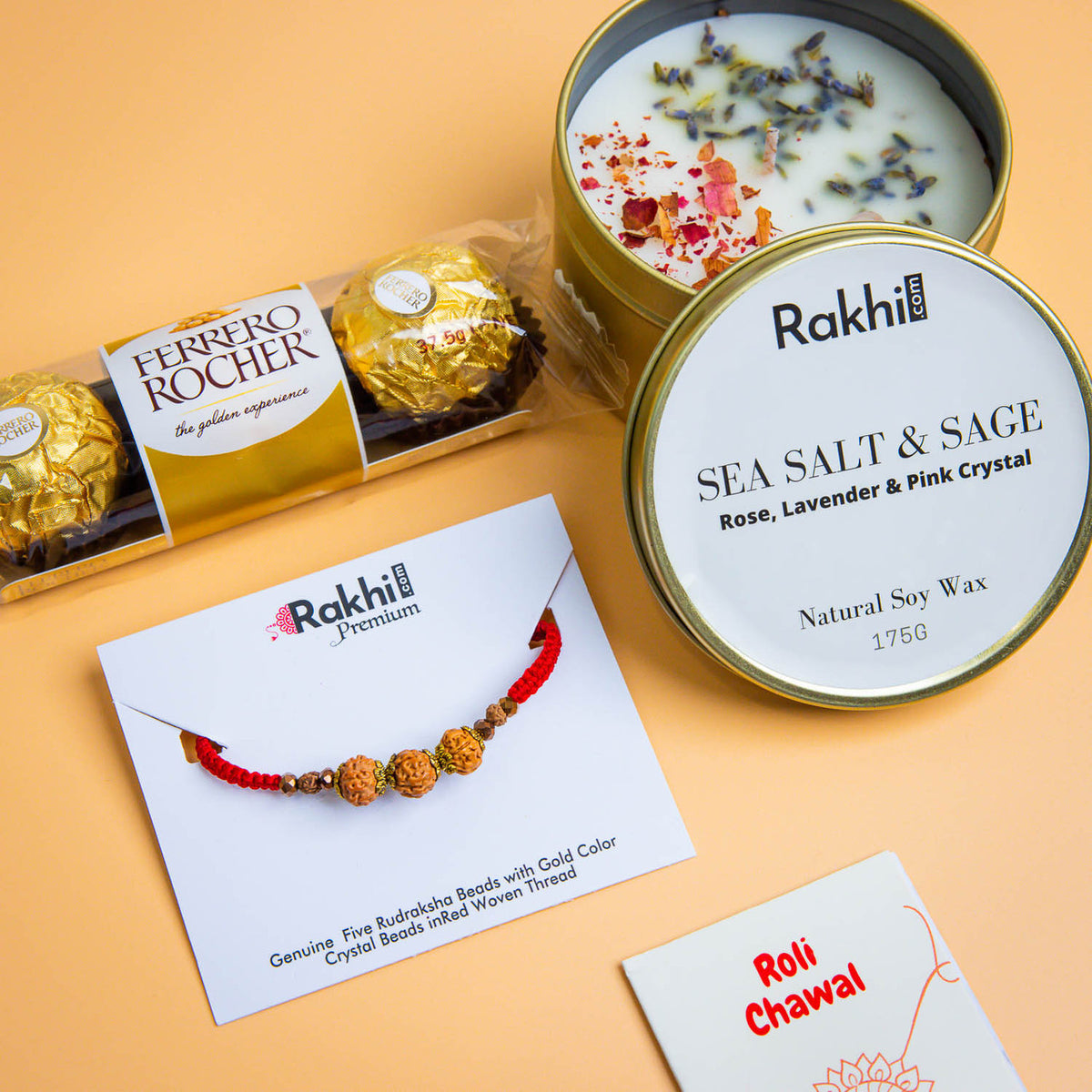 Premium Rudraksha Rakhi With Aroma Candle & Ferrero Chocolates