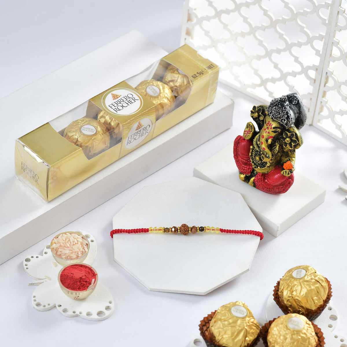 Premium Rudraksha Rakhi with Ganesha & Ferrero Rocher