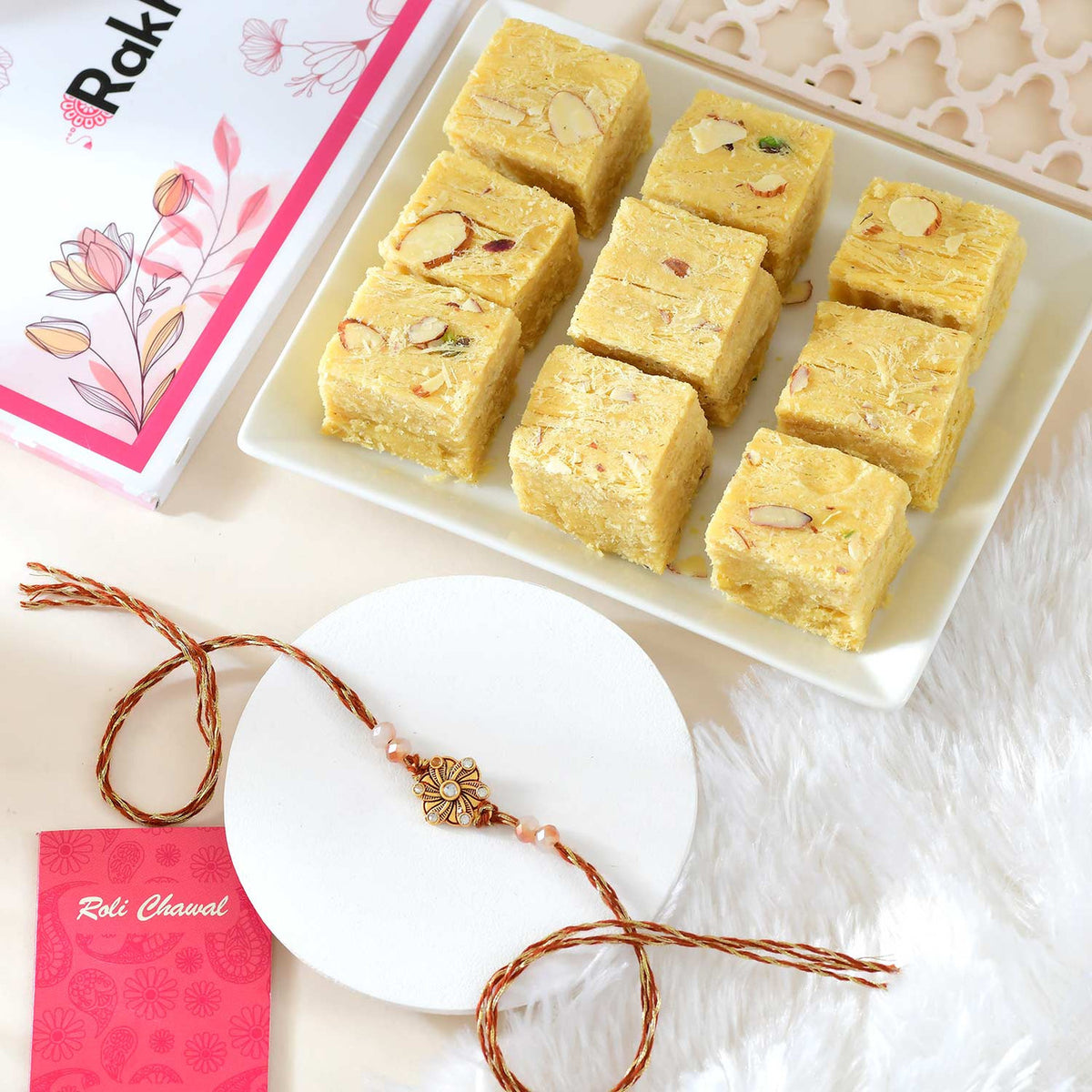 Floral Shaped Rakhi with Soan Papdi Sweet