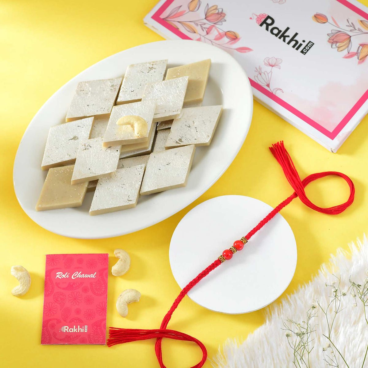 Red Beaded Bhai Rakhi With Kaju Katli