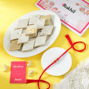 Red Beaded Bhai Rakhi With Kaju Katli