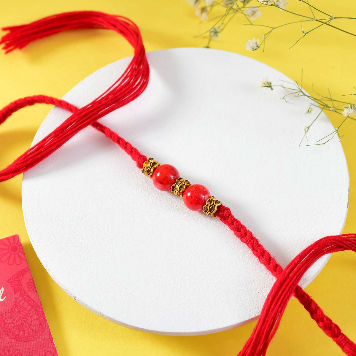 Red Beaded Bhai Rakhi With Kaju Katli