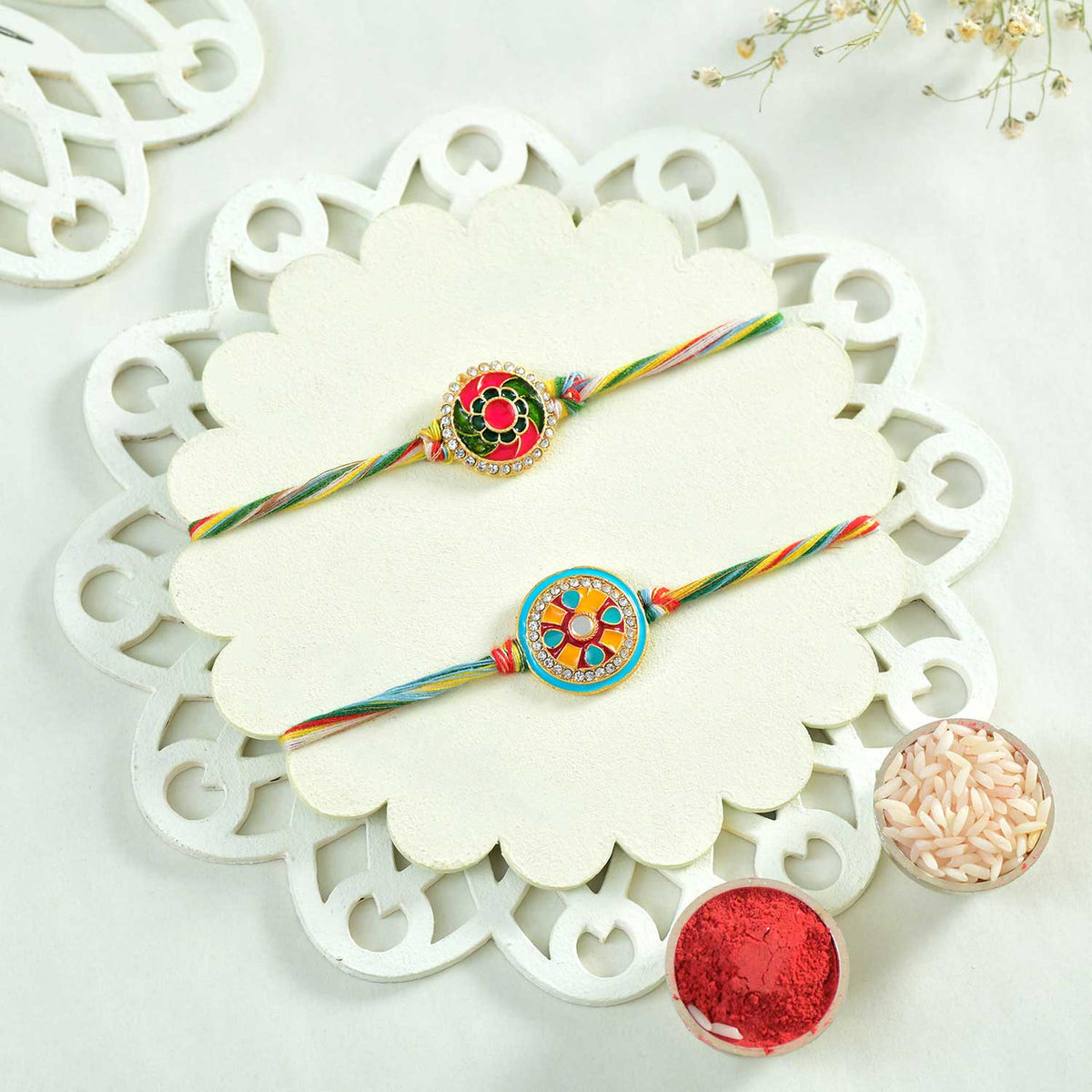 Two Rakhi Set With Besan Laddoo & Rocher