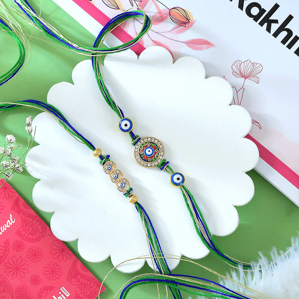 Set of 2 Vibrant Rakhi With Gourmet Hamper