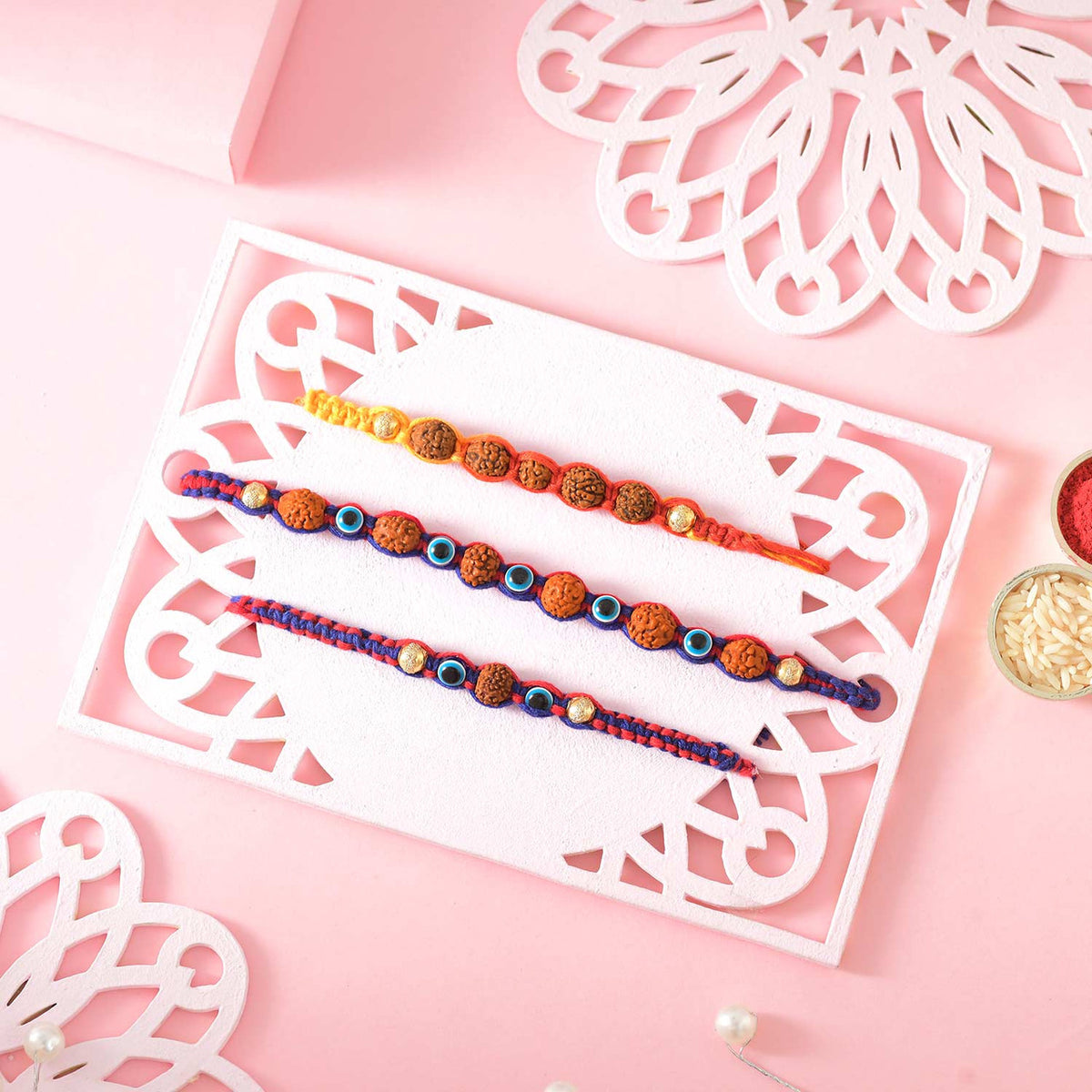 Rudraksha and Evil Eye Beads Rakhi With Ferrero Rocher