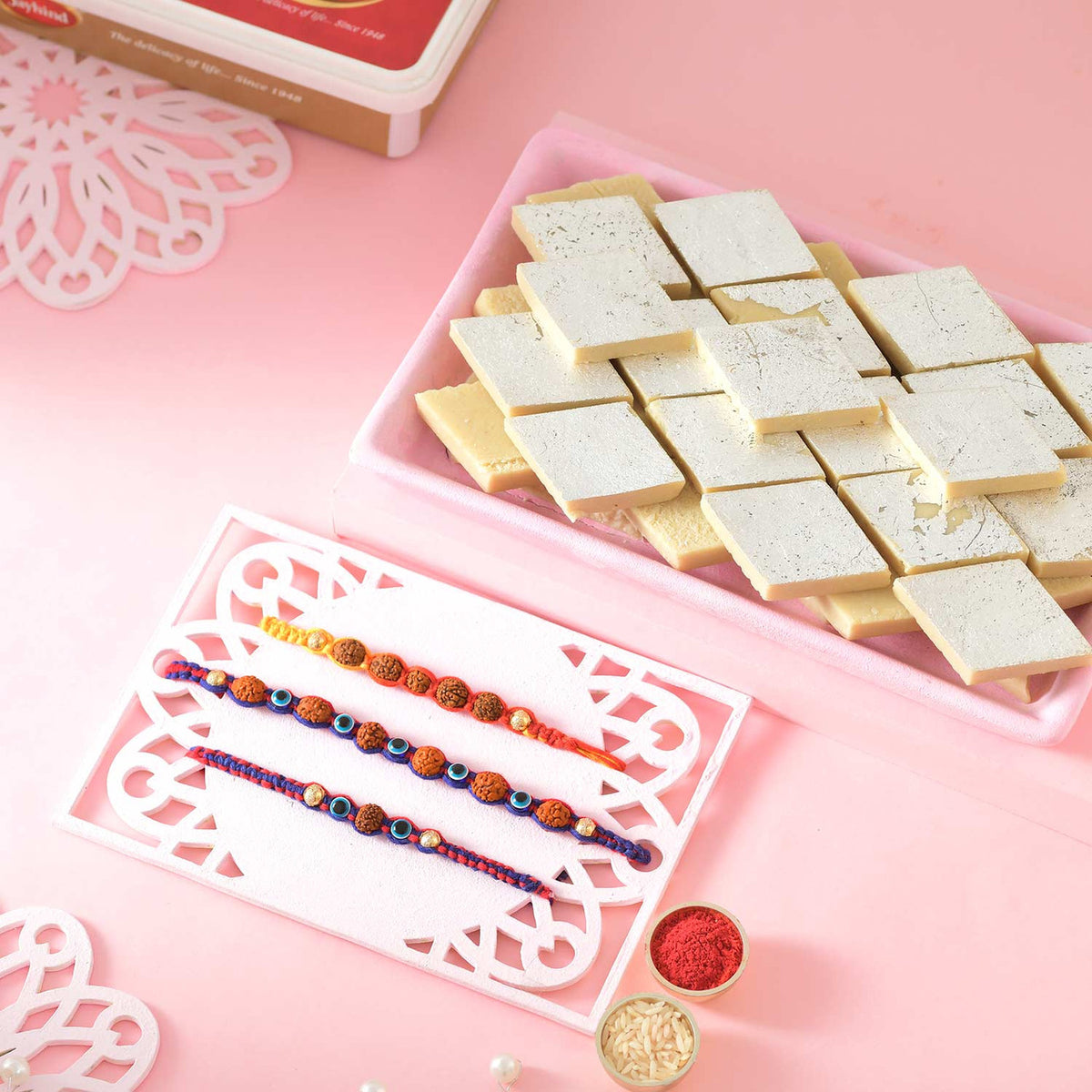 Rudraksha and Evil Eye Beads Rakhi With Kaju Katli Sweet