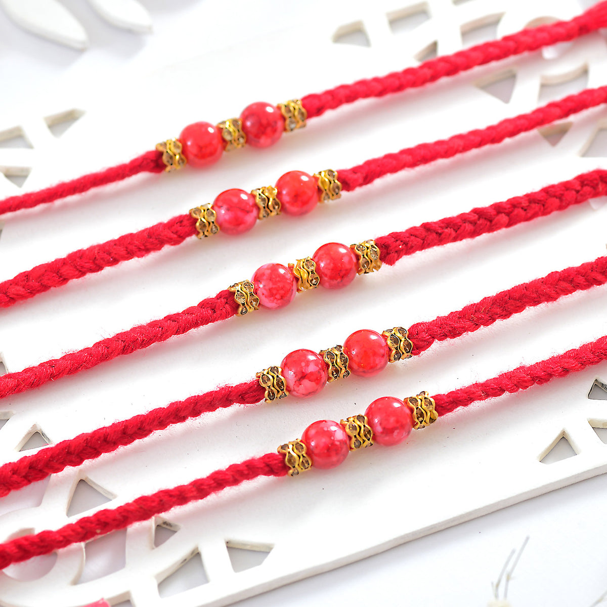 Set of 5 Red Beaded Rakhi