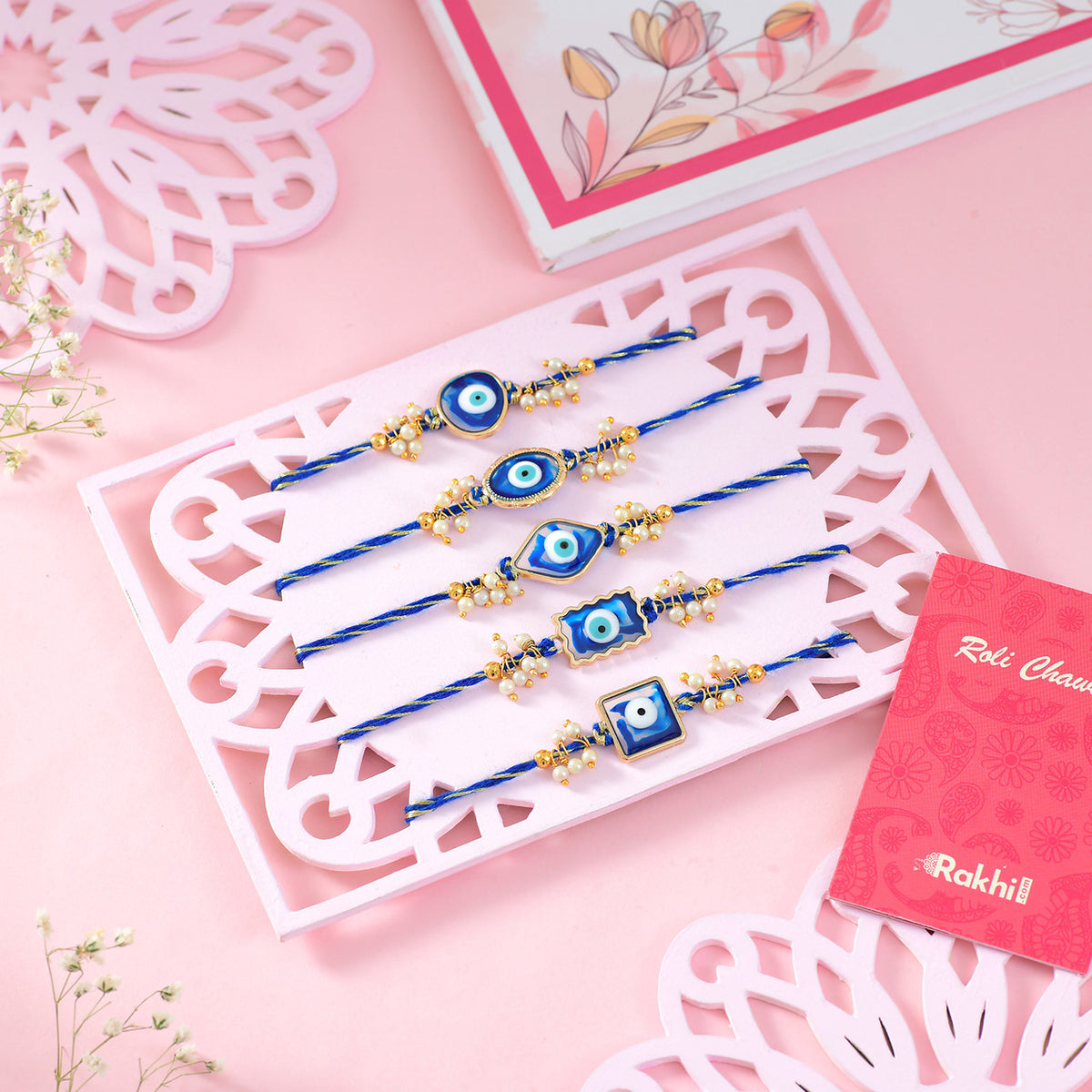 Set of 5 Evil Eye Enchanting Rakhi with Kaju katli