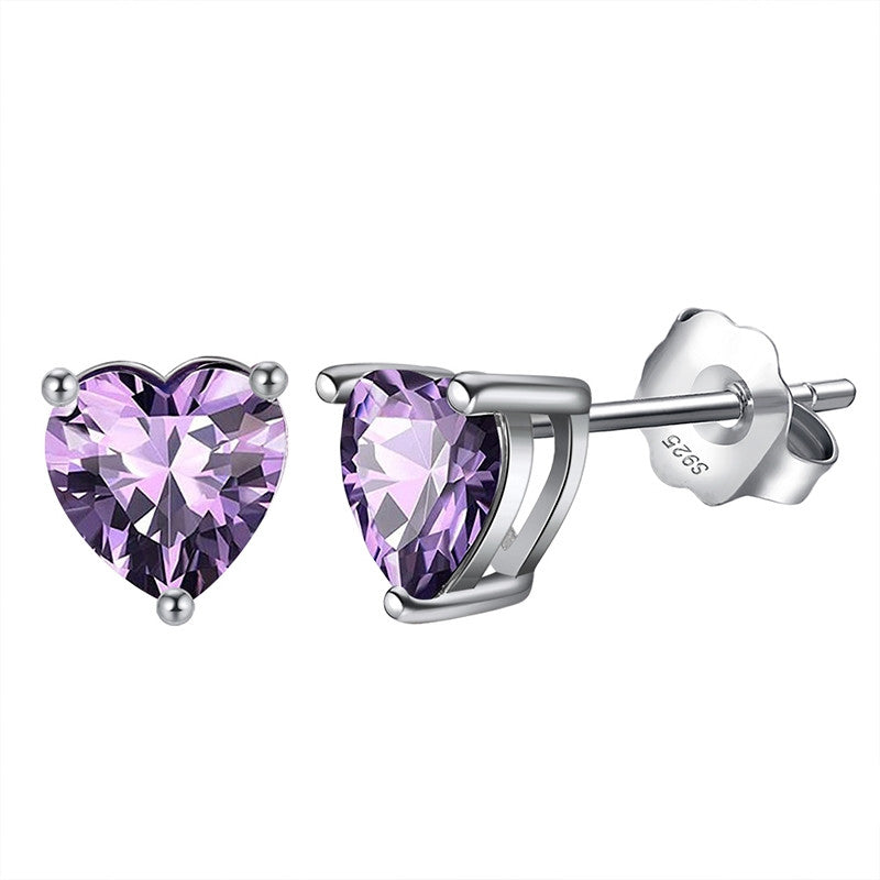 Amethyst Heart 925 Silver Stud Earrings