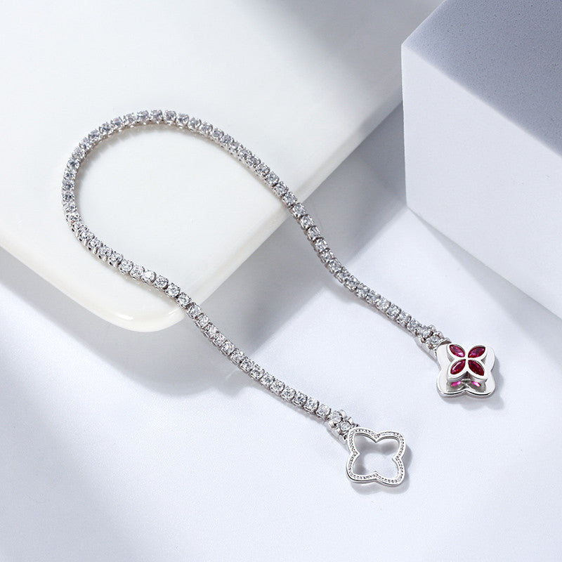 Enchanting 925 Sterling Silver Tennis Bracelet with Red CZ Clover Clasp