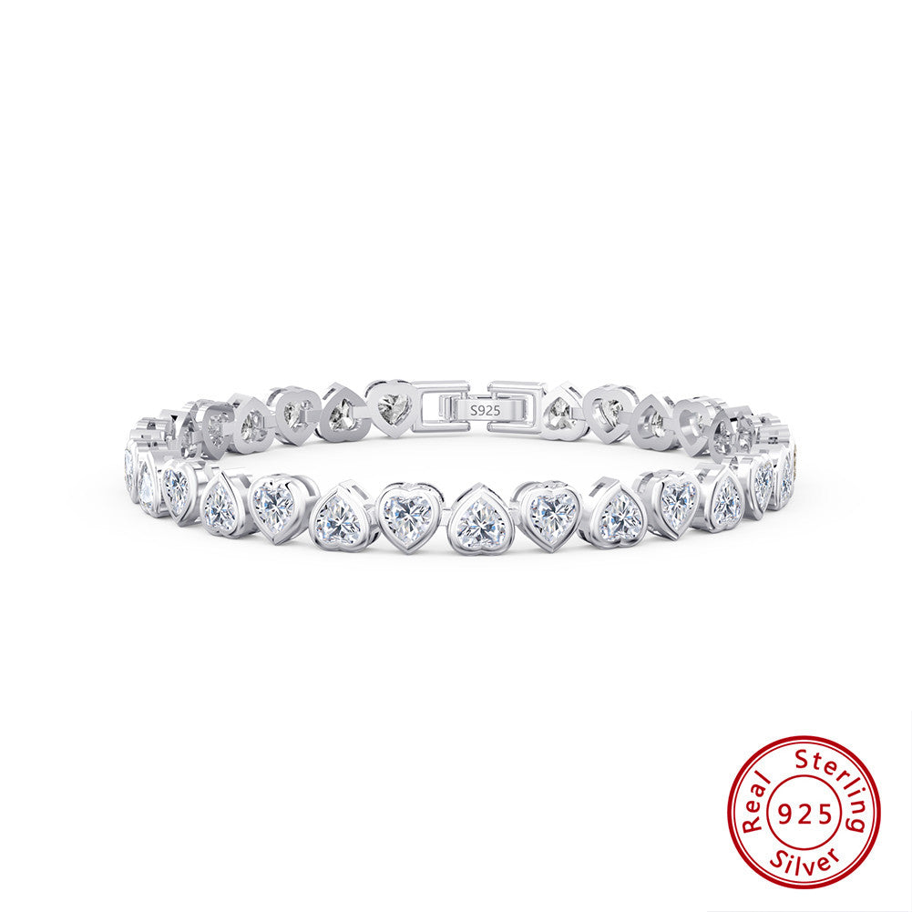 Classic Heart CZ Rhodium-Plated Sterling Silver Bracelet