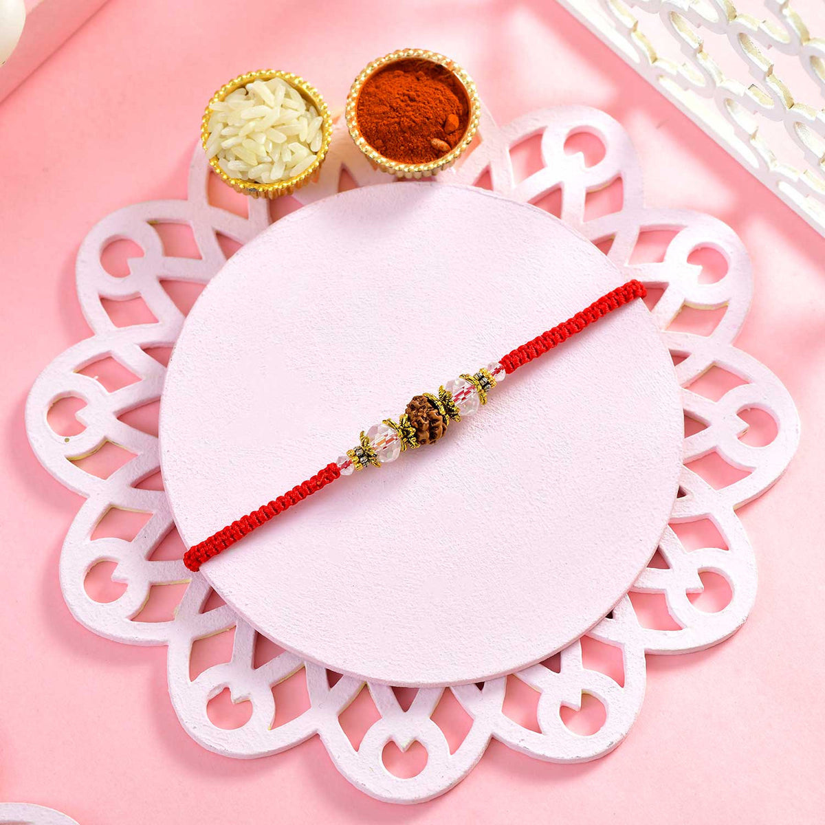 Premium Rudraksha & Clear Crystal Rakhi With Almond Nuts