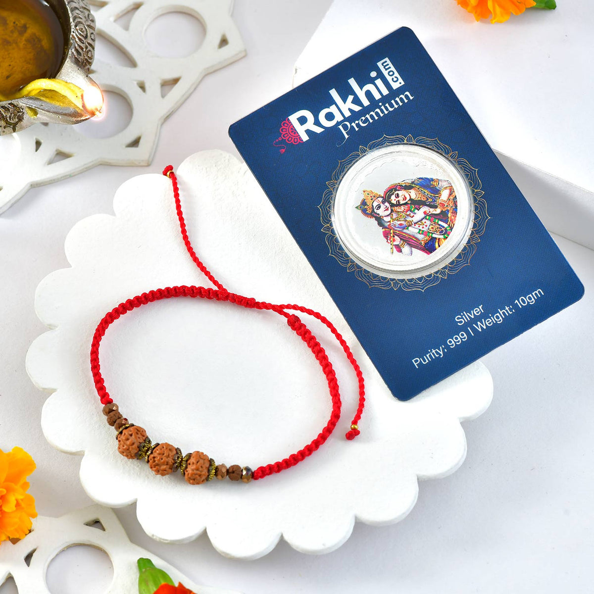 Premium Rakhi with Pure Silver(999) 10Gms Radha Krishna Coin