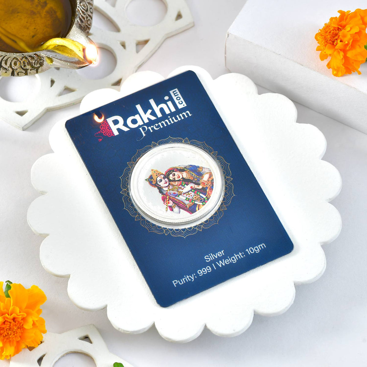 Premium Rakhi with Pure Silver(999) 10Gms Radha Krishna Coin