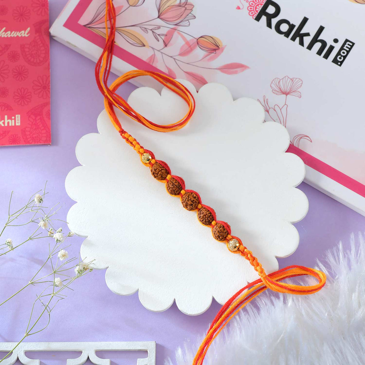 Five Rudraksha Rakhi With Dubai Chocolate