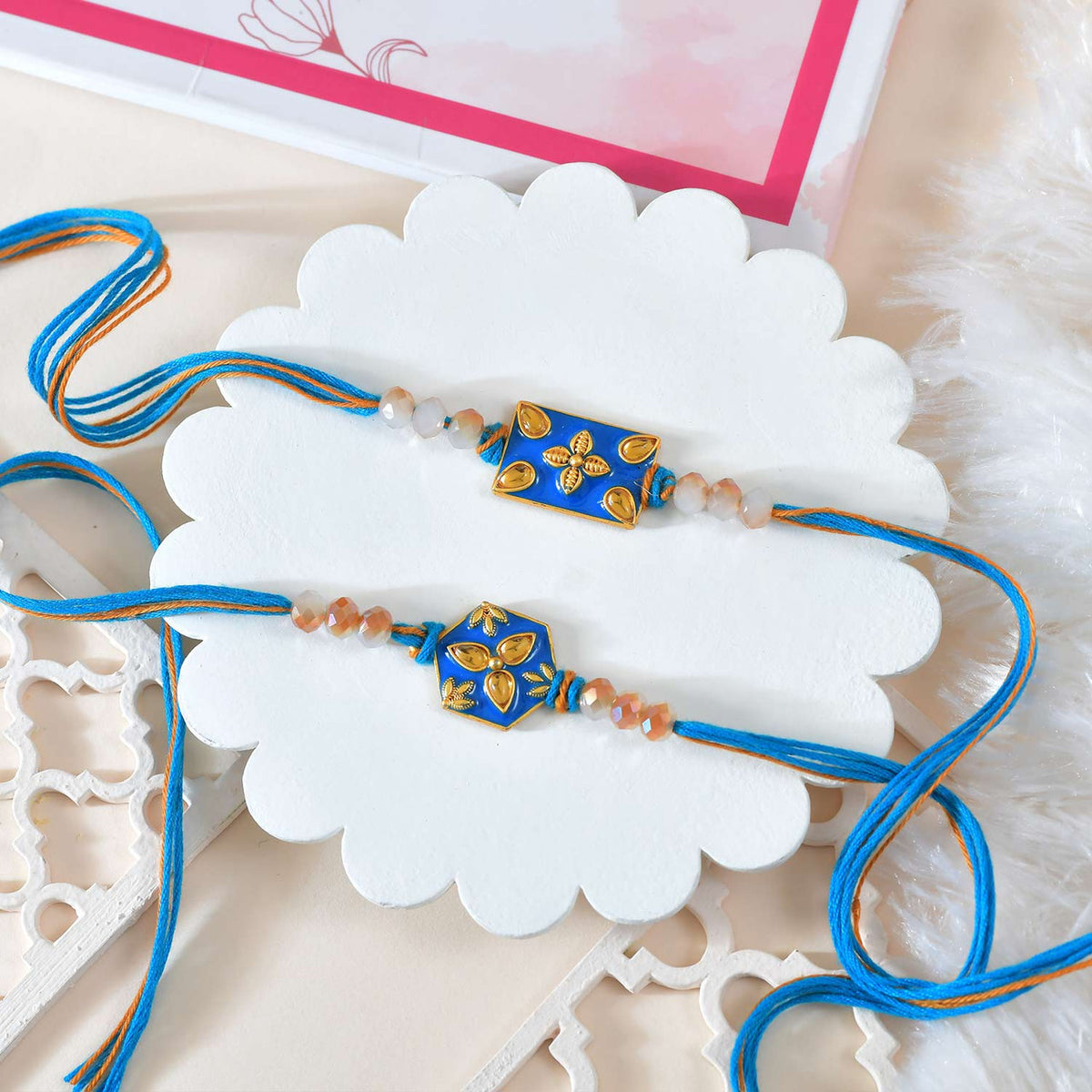 Set of 2 Bluish Rakhi & Gourmet Hamper