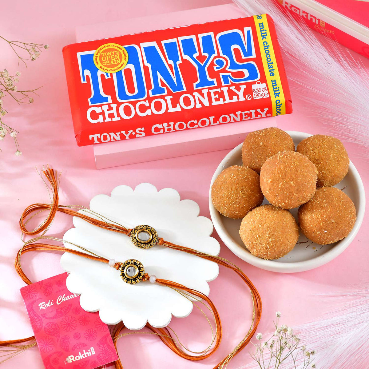 Set of 2 Vibrant Rakhi With Chocolate & Laddoo