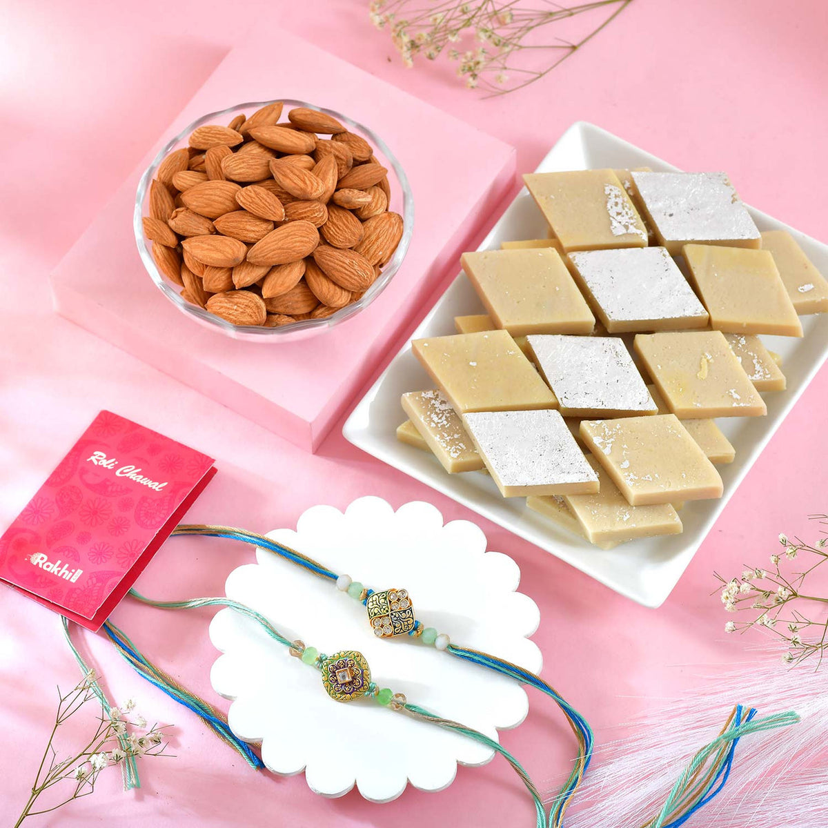 Set of 2 Rakhi With Kaju Katli & Almond