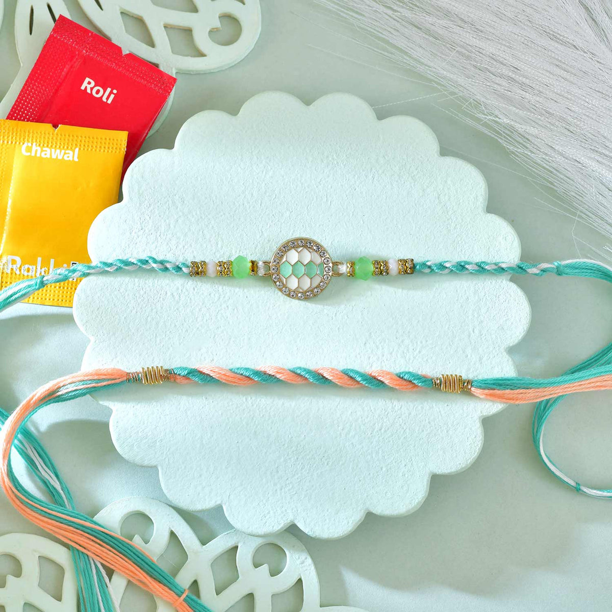 Designer Rakhi Set with Besan Laddoo & Ferrero Rocher
