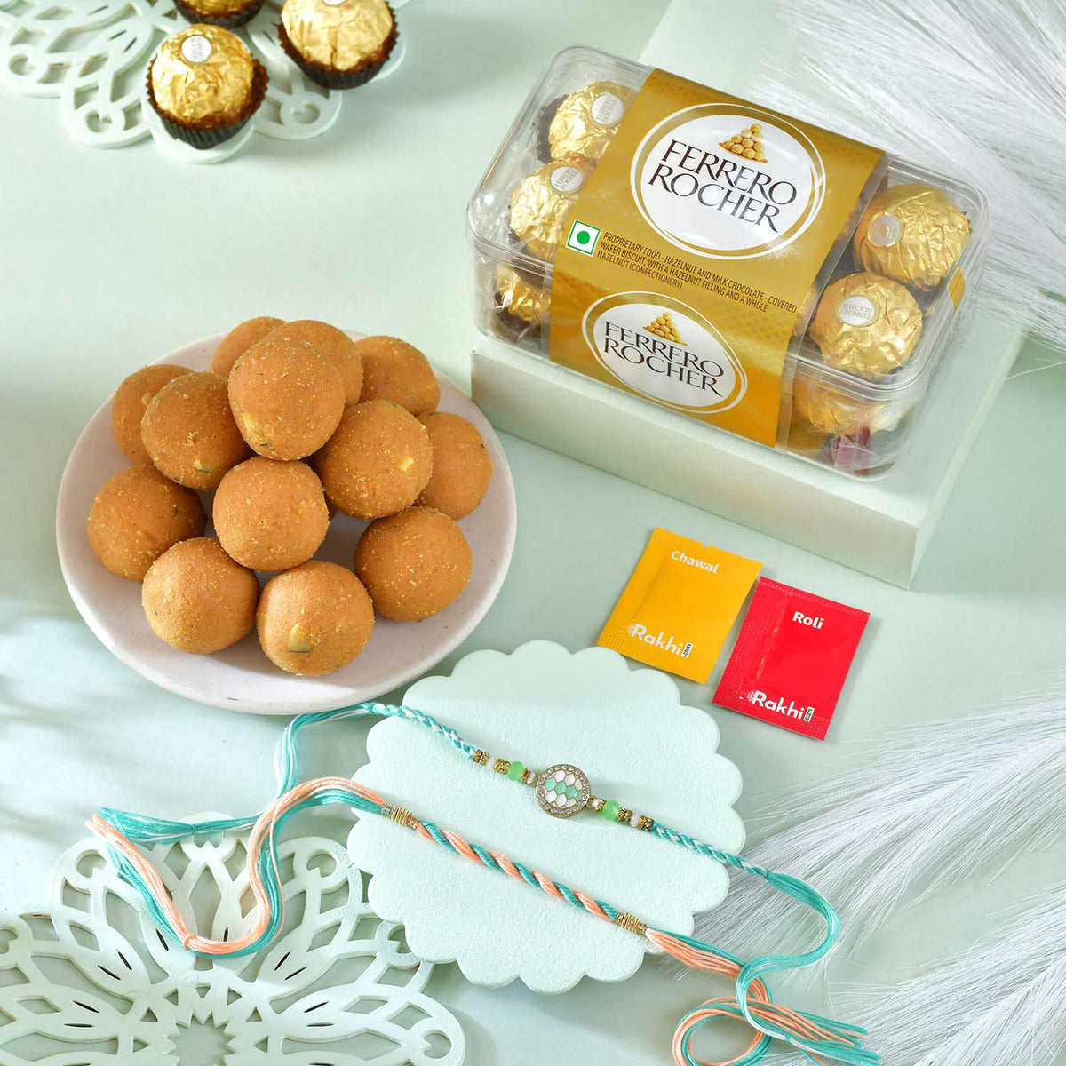 Designer Rakhi Set with Besan Laddoo & Ferrero Rocher