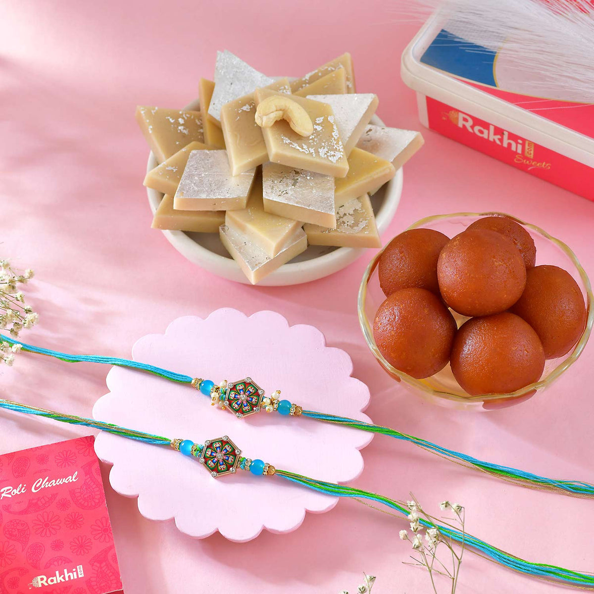 Elegant Rakhi Set with Sweets Hamper