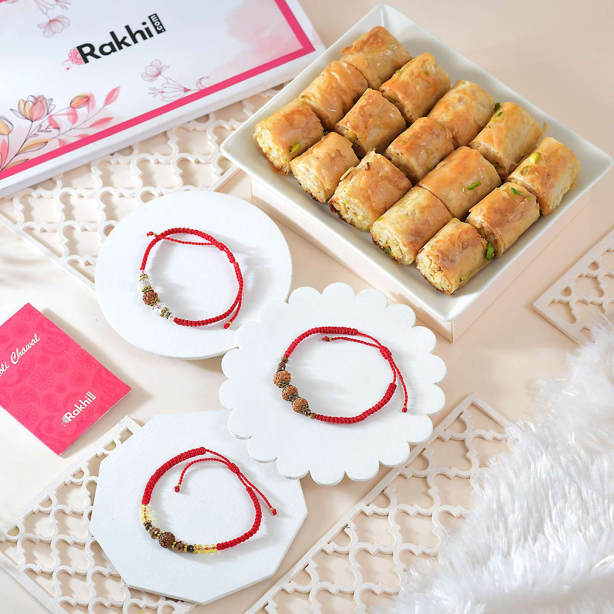 Set of Premium Rudraksha Bhai Rakhi & Baklava Hamper