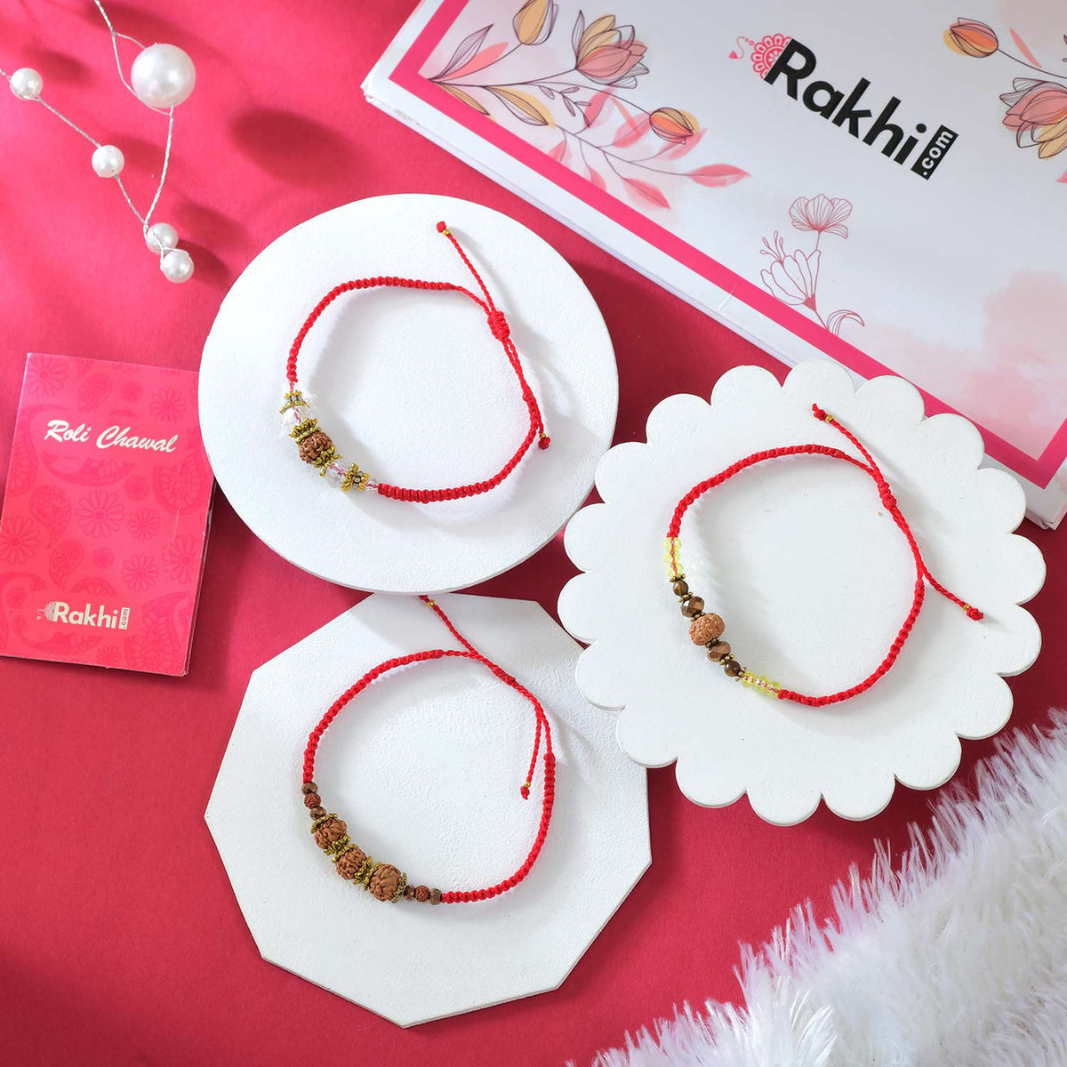 Set of 3 Premium Rudraksha Rakhi With Kaju Katli Sweet