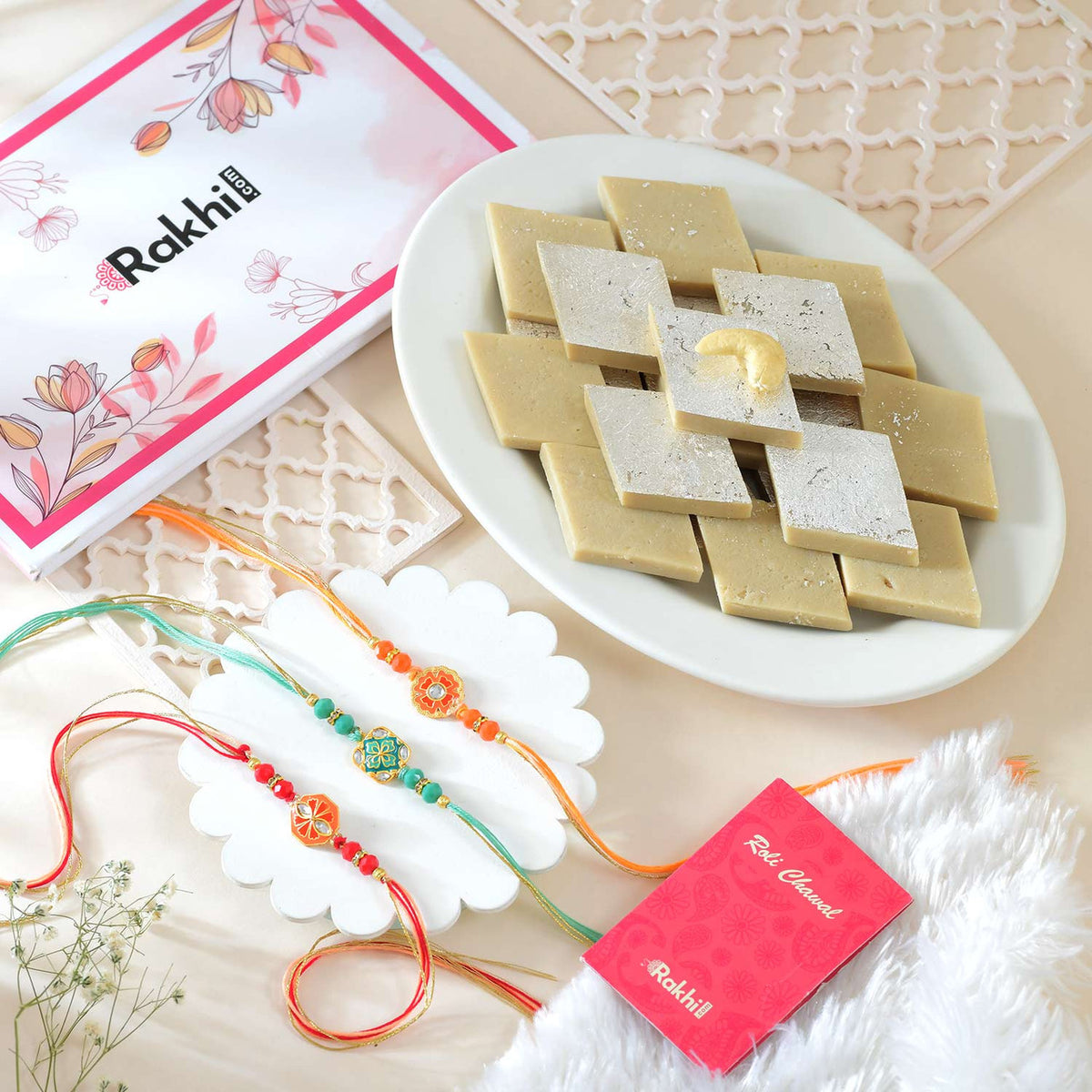 Set of 3 Floral Shape Rakhi With Kaju Katli