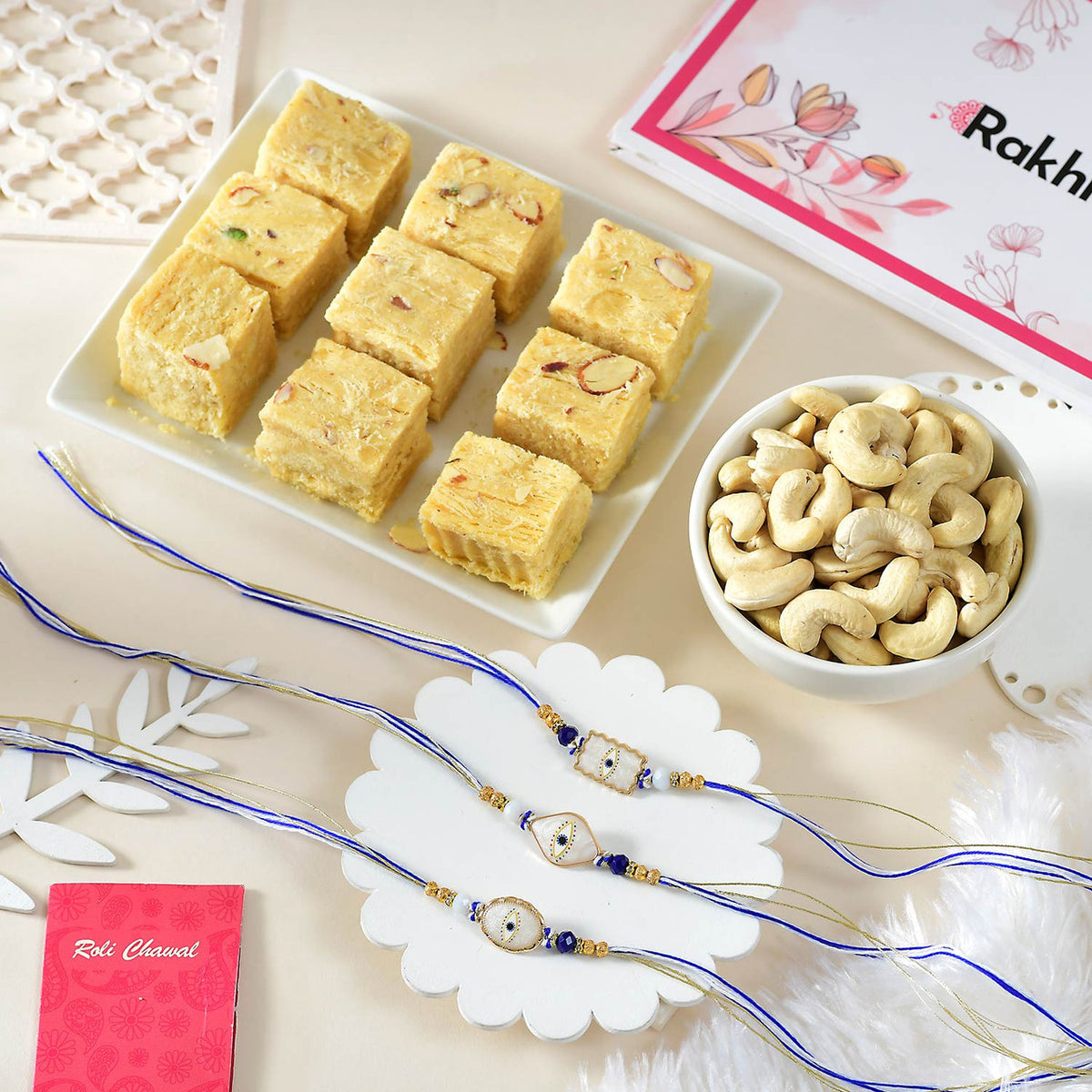 3 Evil Eye Rakhi With Soan Papdi & Cashew Nut