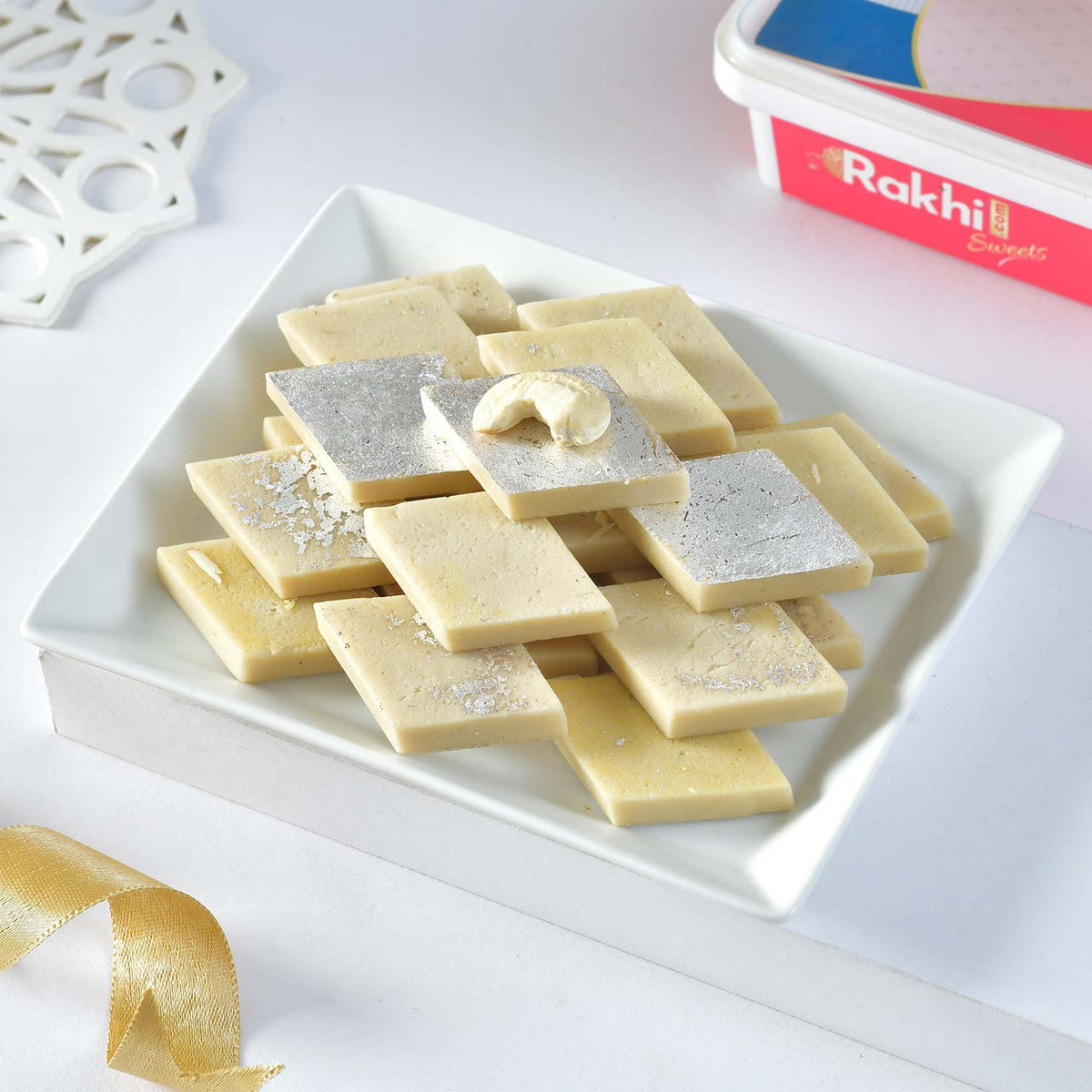 Divine Trio Rakhi Set with Chocolates & Kaju Katli