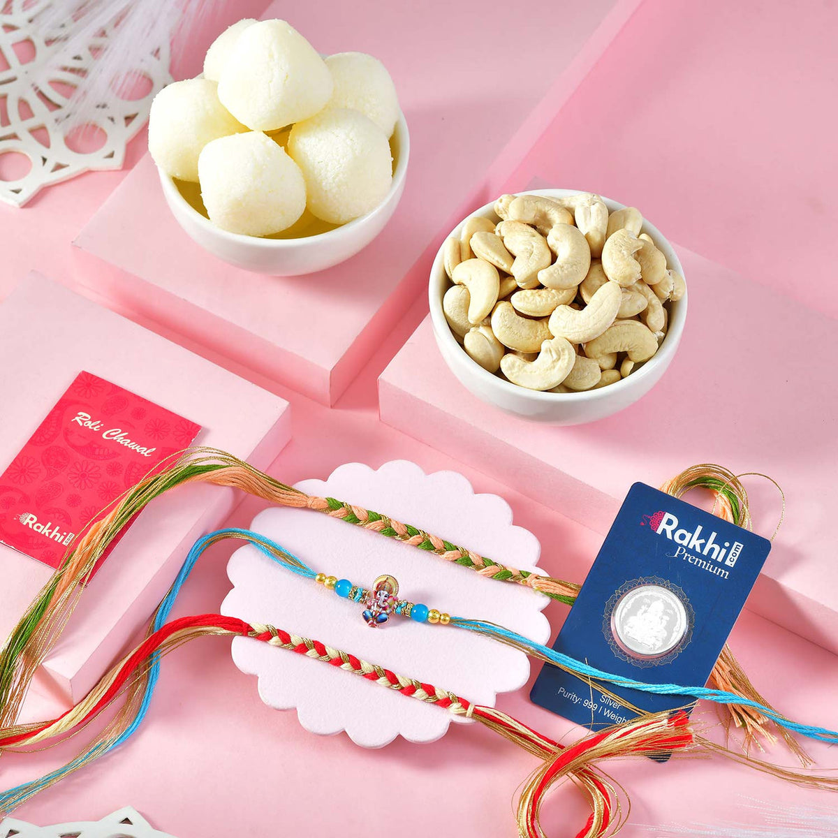 Raksha Bandhan Gift Hamper with Sweets, Dry Fruits & Silver Coin
