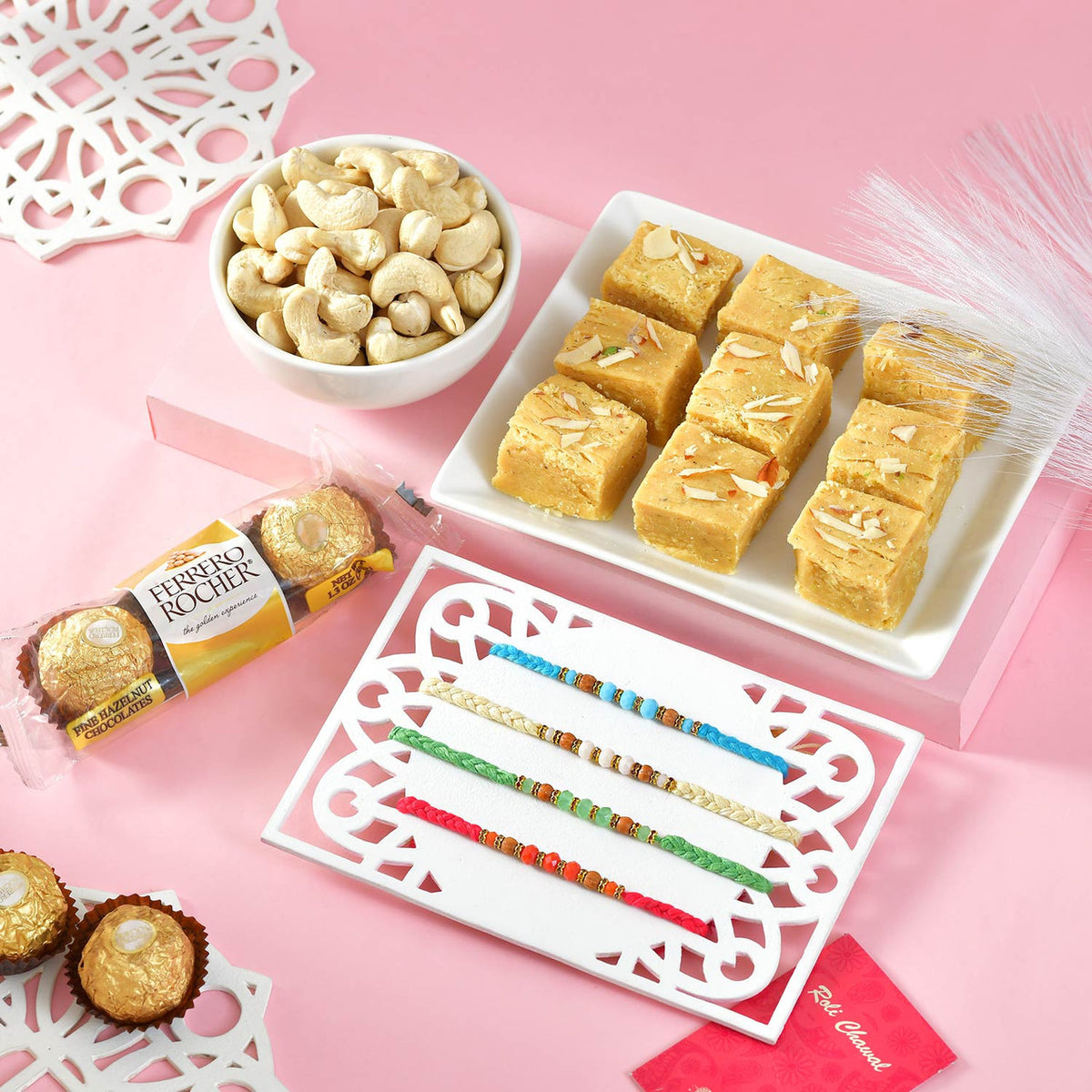 Set of Four Rakhi With Gourmet Hamper