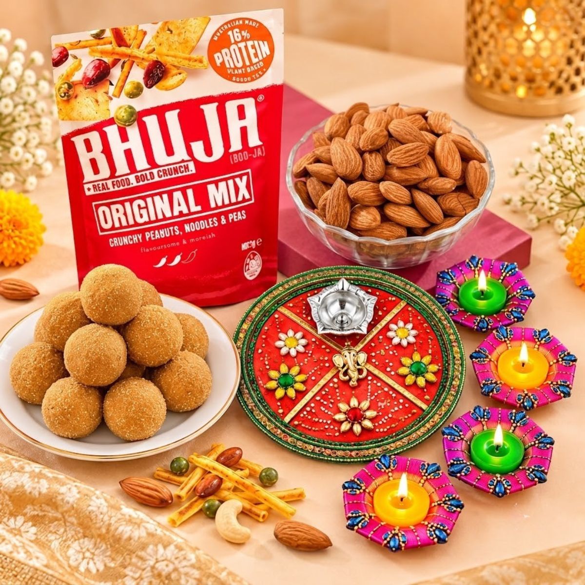 Bandhani Diwali Thali with Diyas & Laddoo