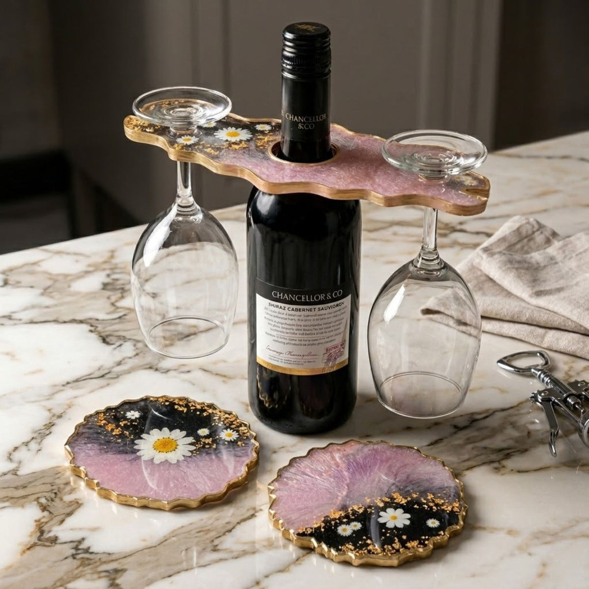 Floral Resin Wine Glass Holder & Coaster Set