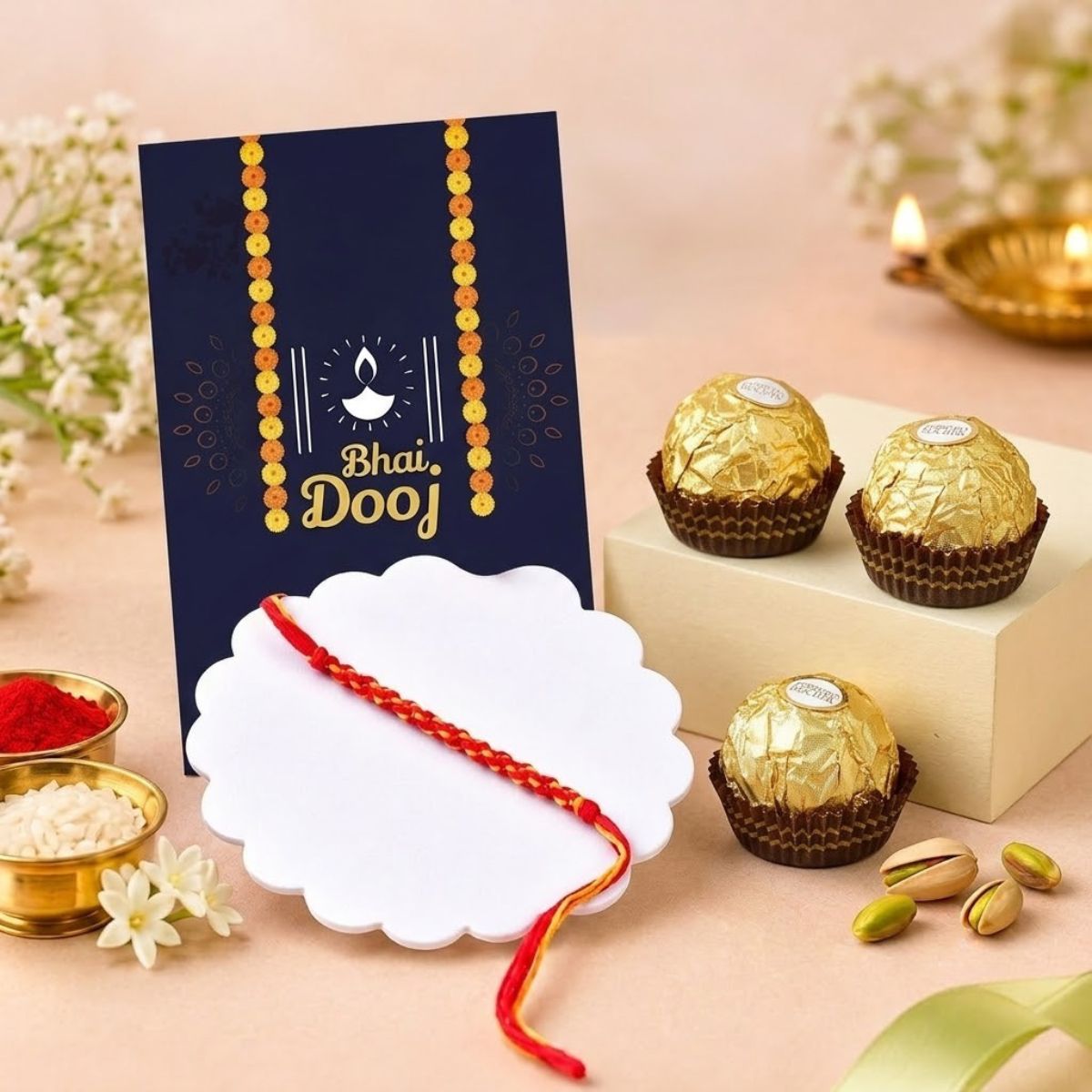 Bhaidooj Thread with 3 Pcs Ferrero Rocher