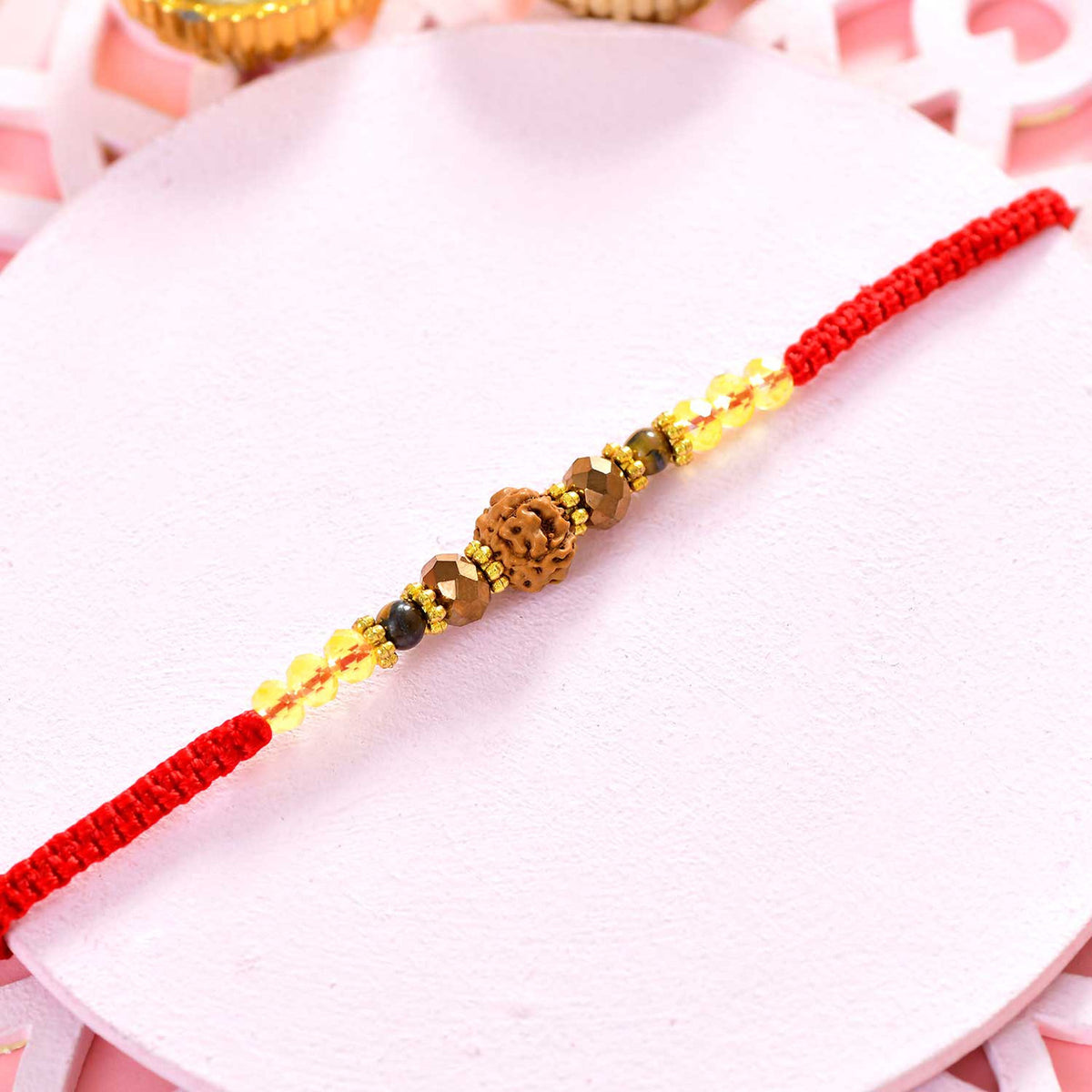 Premium Rudraksha Rakhi With Yellow Crystal & Tiger Eye Stone