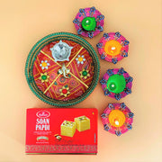 Bandhani Diwali Thali with Diyas & Soan Papdi