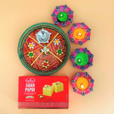 Bandhani Diwali Thali with Diyas & Soan Papdi